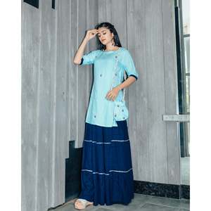 Robe-jupe pour femme en rayonne et mousseline, brodée à la main, taille naturelle, confortable, bleu aquatique, avec Potli, taille XS - Product Image 4