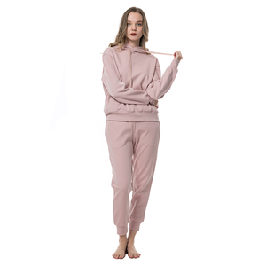 Ensemble de survêtement rose à capuche 2 pièces pour femme, coupe ample, manches longues, en molleton, couleur unie, longueur cheville - Product Image 2