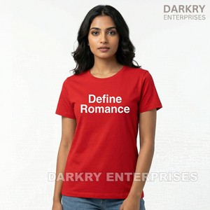 Camiseta Personalizada para Mujer, Color Rojo, con Estampado de la Frase 'Define Romance', Cuello Redondo, Estilo Casual, Marca Privada, Camiseta de Algodón con Gráficos para Mujer - Product Image 1
