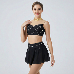 Ensemble d'uniforme de cheerleading noir avec strass, haut en mesh et jupe évasée pour adultes - Product Image 6
