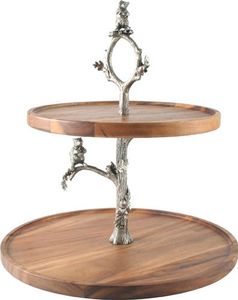 Support à gâteau en bois fait main à deux niveaux avec base en tiges et feuilles florales argentées - Product Image 4