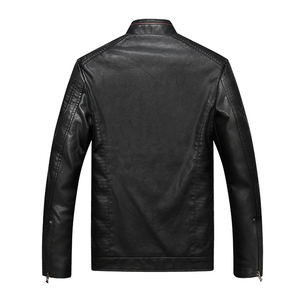 Veste de moto en cuir PU noir uni pour homme, col montant, fermeture éclair, coupe slim, longueur standard, coupe-vent - Product Image 3