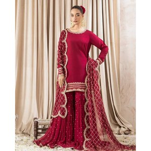 Top inspirado en Art Deco para mujer-Conjunto de Plazzo y Dupatta con bordado pesado Trabajo Aspecto de desgaste artesanal aspirante - Product Image 3