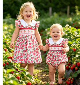 <b>Strawberry</b> <b>Print</b> Smocked <b>Dress</b> for Baby Girls, Peter Pan Collar Ruffle Sleeve Cotton Kids <b>Dress</b> - Product Image 4