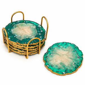 Epoxy Resin Luxury Coasters Set Round Shape Bohemian Design Non Slip <b>Mats</b> & Pads Green Gold Trim 6mm Thickness 100mm Diameter - Product Image 2