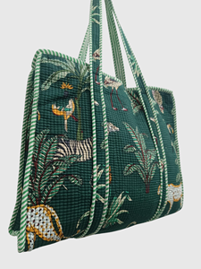Green Tropical Print <b>Canvas</b> Tote Bag With Striped Handles Bohemian Style Open Closure Summer <b>Beach</b> Bag - Product Image 3