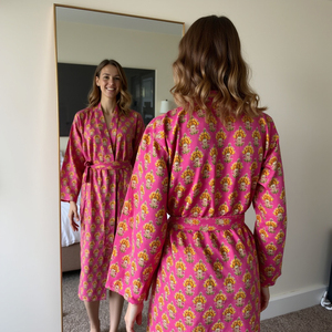 Opulent femmes grande taille vêtements de nuit Fuchsia rose jaune Buti imprimé Kimono Robe Robe tous les jours mode Look-Symphony Luxe Harmony - Product Image 2