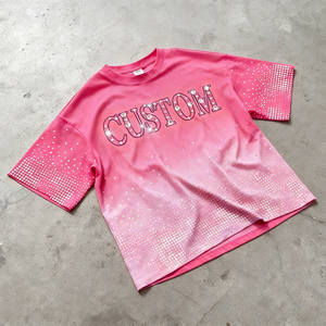 T-shirt unisexe personnalisé à strass, col rond, effet délavé, épaules tombantes, motif diamant, coupe oversize épaisse pour homme - Product Image 3