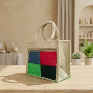 Sac de courses en jute, sac fourre-tout en toile de jute avec poignée en corde, fermeture à glissière, sac pliable pour courses et cadeaux - Product Image 2