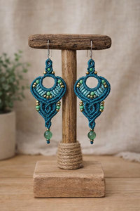 Pendientes de Macramé Azules Hechos a Mano, Pendientes Colgantes Bohemios Verde Azulado, Joyería Artesanal, Piedra Preciosa Natural, Regalo Bohemio para Mujer - Product Image 3