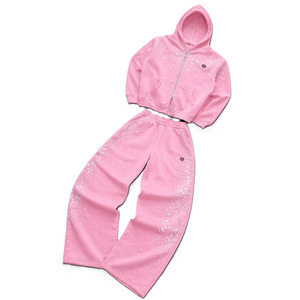 Ensembles de sweats à capuche et pantalons de survêtement en molleton de coton de haute qualité, avec strass sur toute la surface, sweat à capuche à manches longues et fermeture éclair intégrale, fournisseur OEM en gros - Product Image 2