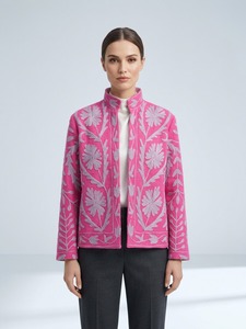 <b>Pink</b> Floral Embroidered Cotton Breathable Bomber Jacket Stand Collar Full Sleeve Elegant Autumn Women's Coat - Product Image 4
