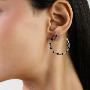 Pendientes de Aro Minimalistas de Plata de Ley 925 con Círculo Abierto, Zafiro Azul Natural Redondo y Diamantes Redondos para Mujer, Venta al por Mayor - Product Image 2