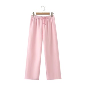 Pantalon décontracté rose en polyester, coupe large et ample, taille mi-haute, couleur unie, tissu tissé, respirant et léger pour le printemps - Product Image 2