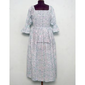 เดรสยาวคอเหลี่ยมผ้าฝ้ายลายพิมพ์บล็อกมือสำหรับฤดูร้อน เดรสสั้นแขนยาวลายดอกไม้สำหรับผู้หญิง - Product Image 6