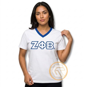 GREEK TREASURES Camisetas de jersey informales de manga corta con cuello en V, transpirables, con logotipo bordado, de la hermandad Zeta Phi Beta para mujer - Product Image 2