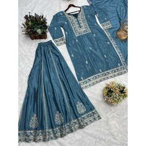 ผ้าไหมเทียมปักลายด้วยด้ายบนวังพร้อมเสื้อผ้าท้องฟ้า dupatta - Product Image 2