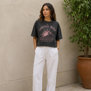 T-shirts d'été pour femmes en coton biologique, coupe classique, décontractés, à manches courtes, col rond, épaules tombantes, respirants, imprimés, vente en gros - Product Image 3