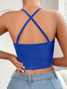 Ribbed Halter Sports Bra Sheer <b>Mesh</b> Insert Open Back Cross Strap Fitness <b>Crop</b> <b>Top</b> Elastic Quick Dry Athletic Training <b>Top</b> - Product Image 4