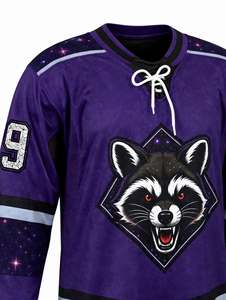 Camiseta de Hockey sobre Hielo de Alta Calidad, Color Morado, Número 9, Diseño Raccoon Galaxy, Venta al Por Mayor, Ropa Deportiva Vintage, Cuello con Cordones, Transpirable - Product Image 5