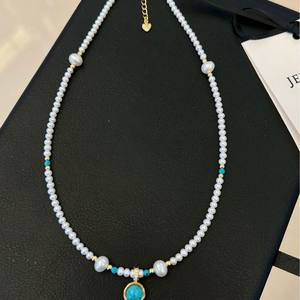 Turquoise 3-4mm Freshwater Pearl Necklace Natural Buckle Pendant Fashion Beaded Necklaces for <b>Girlfriend</b> - Product Image 1