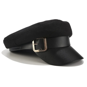 Black <b>Wool</b> Baker Cadet Hats Newsboy Hat with <b>Gold</b> Buckle Leather Brim Winter European Style Cadet Hats - Product Image 1
