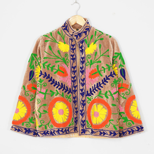 Women Velvet Embroidered <b>Jacket</b> Mandarin Collar Floral <b>Pattern</b> Boho Style Spring Coat Handmade Suzani Design Full Sleeve - Product Image 2