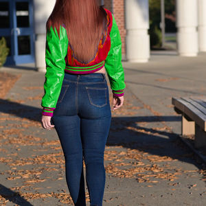 Chaqueta Corta Estilo Universitaria para Mujer, Color Verde Esmeralda, Estilo Bomber, Mangas de Cuero Sintético, Ropa Exterior Informal, Moda Urbana para Mujer - Product Image 5