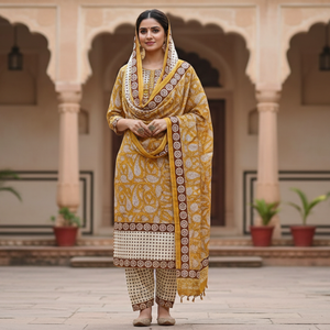 Conjunto de Algodón Floral Amarillo y Blanco Premium para Mujer |   Ropa de Resort Hecha a Mano con Estampado de Bloques de Alta Calidad |   Ropa Casual de Boutique para el Verano - Product Image 2