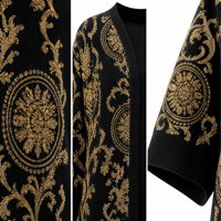 Abaya noire tricotée sur mesure ODM pour femme, avec motif losanges dorés, devant ouvert, manches longues, robe kaftan musulmane, tenue modeste du Moyen-Orient, OEM