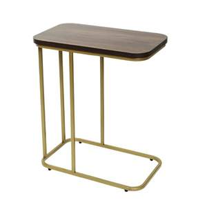 Mesa Auxiliar Moderna en Forma de C con Tapa de Madera y Estructura de Metal Dorado |   Sofá y Mesa de Noche - Product Image 4