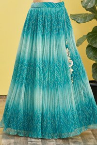 Green Beaded Embroidered Chiffon Women's Sleeveless <b>Square</b> Neck Crop Top Knee-Length Pleated Lehenga Net Dress for Party Wedding - Product Image 5