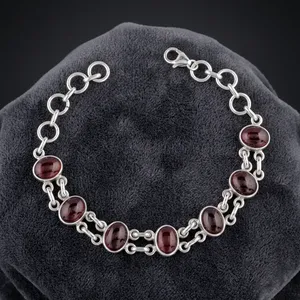 925 Silver Garnet <b>Chain</b> Bracelet Classic Design Women's Everyday Wear Jewelry Oval Stones - Product Image 5