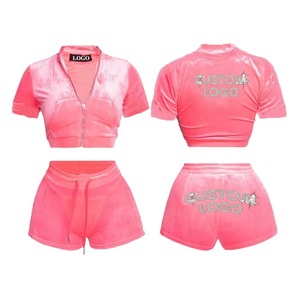 Pink Velour Crop <b>Top</b> Set With Glitter Logo Shorts Plus Size Women's Summer Outfit V-Neck Short Sleeve Solid Color Club Wear - Product Image 1
