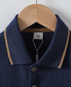 Boys Navy Waffle Knit Cotton Polo Shirt Short Sleeve Solid Color Breathable Casual Wear Quick Dry Eco-Friendly Embroidered Size - Product Image 3