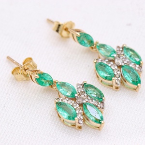 Natural Emerald and <b>Diamond</b> Gemstone Drop <b>Dangle</b> <b>Earrings</b> in 14k Yellow Gold Handmade Jewelry for Wedding Gift and Wholesale - Product Image 2