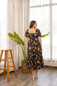 Floral Print <b>Black</b> A-Line Midi <b>Dress</b> With Square Neck Cap Sleeve Casual Summer Woven <b>Dress</b> Beautiful <b>Dress</b> Women Elegant - Product Image 2