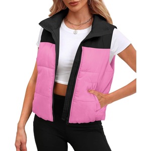 Women's Pink <b>Black</b> Color Block Puffer <b>Vest</b> With Zipper Stand Collar Casual Outerwear - Product Image 1