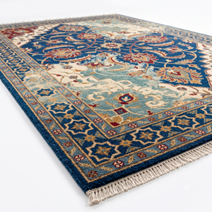 Tapis en laine DECORDEC bleu marine motif floral médaillon, écologique, antidérapant, moderne, avec bordure géométrique étoilée pour un intérieur de luxe - Product Image 2