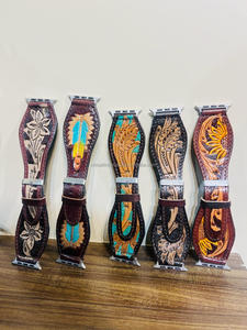 New Real Handmade Genuine Leather Custom Design Western Floral <b>Tooled</b> Painted Watch Bands Boho Western Replacement Watch Straps - Product Image 5