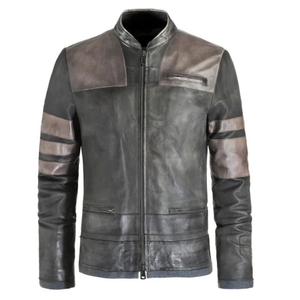 Mens Brown Black Genuine Leather Streetwear Jackets Shoulder Panels Stand Collar <b>Zip</b> Front Chest Pocket Premium Custom Outerwear - Product Image 3