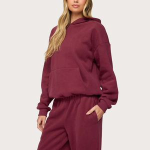 Chándal con Capucha Color Borgoña para Mujer, Manga Larga, Corte Holgado, Color Sólido, Ropa Casual de Otoño con Bolsillos Laterales, Algodón de Peso Medio - Product Image 3