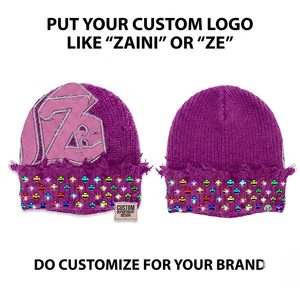 ZAINI 280 GSM Premium Acrylic Knit Beanie Cap <b>Purple</b> Rhinestone Logo Unisex Winter <b>Hat</b> - Product Image 1
