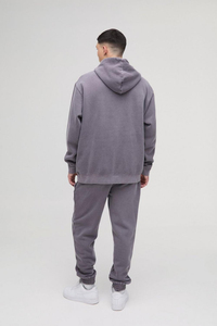 Survêtement homme gris poussière en molleton de coton avec logo sérigraphié, ensemble deux pièces : sweat à capuche coupe décontractée et pantalon de jogging, vente en gros - Product Image 2