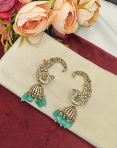 Pendientes Tradicionales de Oreja de Pavo Real con Gota de Pera, Chapados en Oro Antiguo, con Gemas Kundan, Estilo Jhumka, para Mujer, Venta al por Mayor de Joyería Étnica - Product Image 2