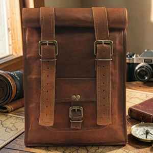 Genuine Leather Roll Top <b>Backpack</b> for College Students Vintage School Bag <b>Large</b> Capacity Travel Rucksack LTBP-0017 - Product Image 1
