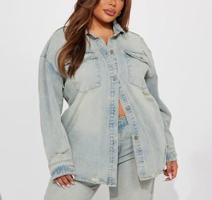 Veste en jean oversize délavée pour femme, style boyfriend, personnalisable OEM ODM, streetwear décontracté haut de gamme - Product Image 1