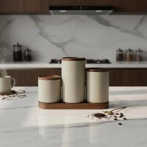 Juego de Recipientes de Almacenamiento para Cocina Moderna con Soporte de Madera, Diseño de Tapa Hermética, Organizador de Encimera que Ahorra Espacio, Solución Elegante para Despensa - Product Image 1