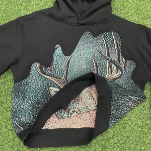 Sweat-shirt à capuche noir pour homme, imprimé pailleté motif montagne, décontracté, pour l'hiver, coupe ample, en polaire tricotée, polyester, service OEM - Product Image 2
