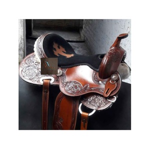 Brown Leather Western Barrel Racing Horse Saddle Floral <b>Hand</b> Tooled Stitched Cross Inlay Black Suede Seat - Product Image 3